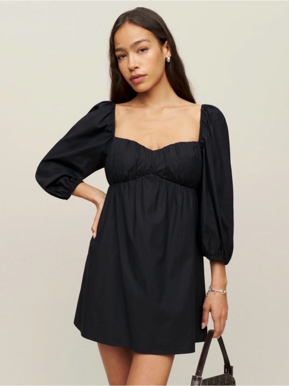 Reformation Black Square-Neck Mini Dress with Puff Sleeves